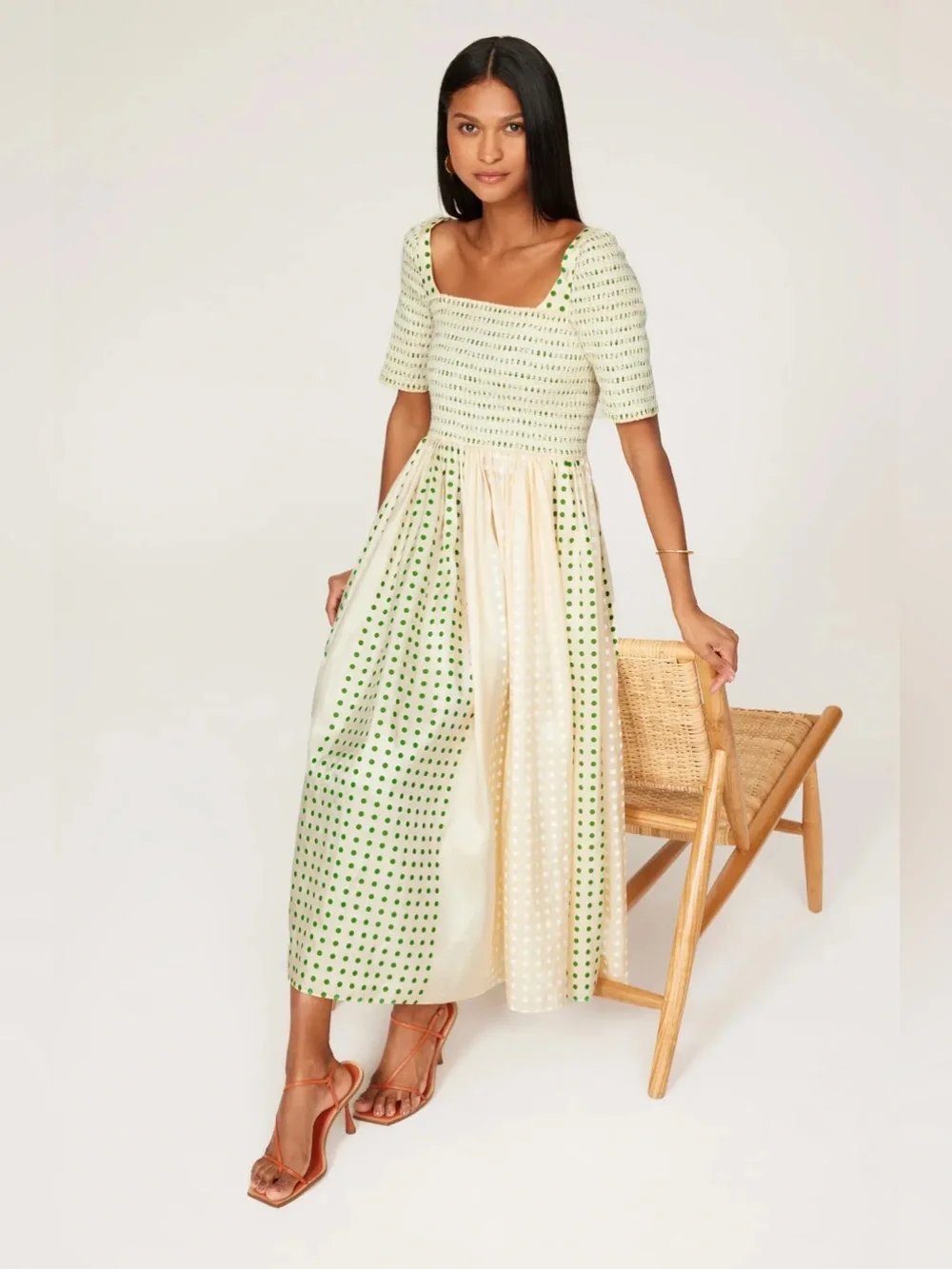 NWT Tory Burch Cream and Light Green Polka Dot Midi Dress